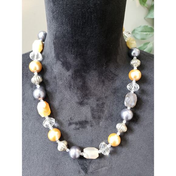 Women's Mixed Bead Necklace Gold Gray Clear Statement Lobster Clasp Chunky Boho - Picture 1 of 6